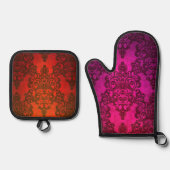 Boho Damask Vibranntes rosa und rotes Muster Ofenhandschuh & Topflappen-Set (Vorderseite)