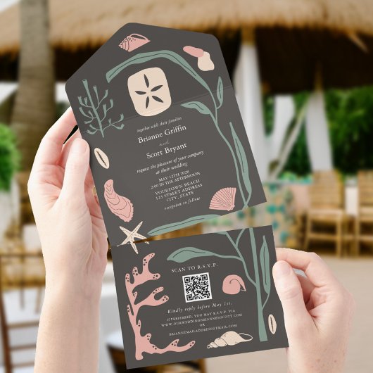 Boho Dark Beach Seashell Wedding QR UAWG All In One Einladung