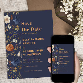 Boho Dark Blue Floral Wedding Save the Date