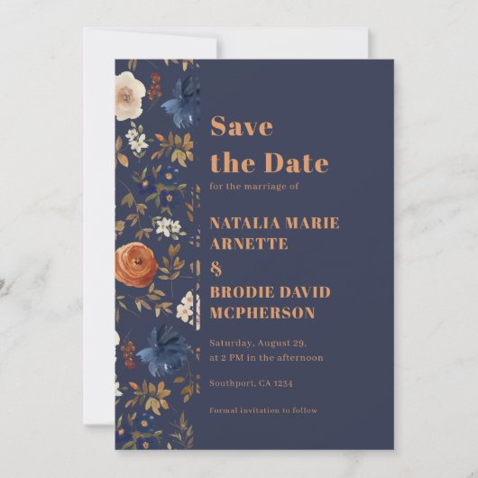 Boho Dark Blue Floral Wedding Save the Date (Vorderseite)