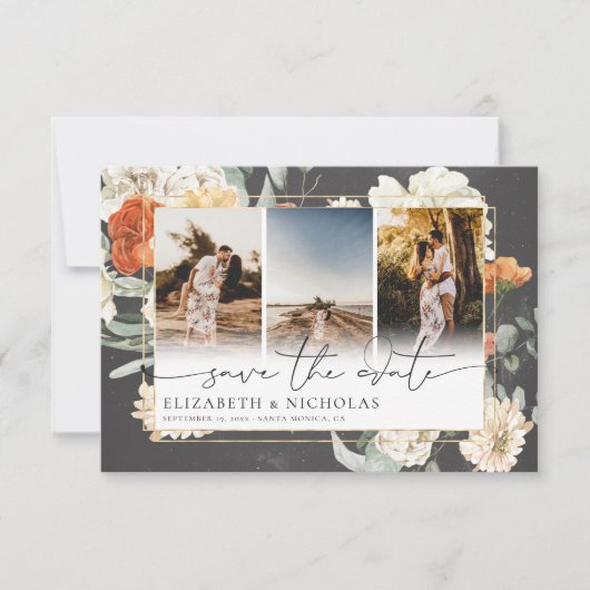Boho Dark Floral | 3 Foto Hochzeit Save The Date (Vorderseite)