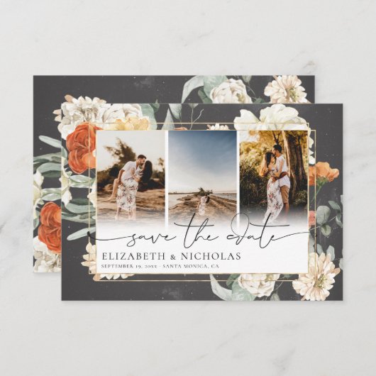 Boho Dark Floral | 3 Foto Hochzeit Save The Date (Vorne/Hinten)
