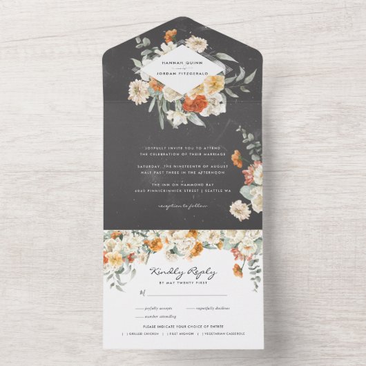 Boho Dark Floral Greenery Botanische Hochzeit All In One Einladung (Innen Boden)