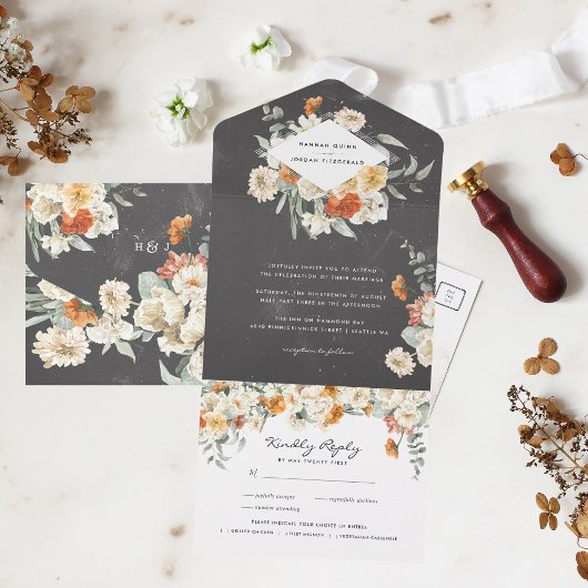 Boho Dark Floral Greenery Botanische Hochzeit All In One Einladung