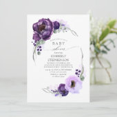 Boho Dark Lila Floral Royal Baby Dusche Einladung (Stehend Vorderseite)
