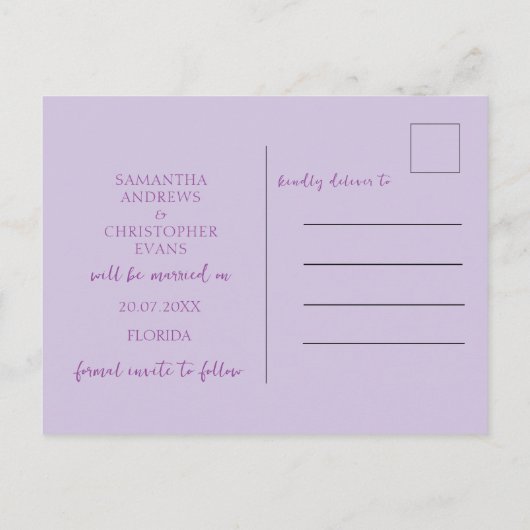 Boho Dark Lila Save the Date Hochzeit Postkarte (Rückseite)