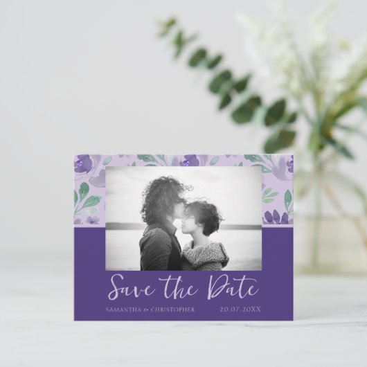 Boho Dark Lila Save the Date Hochzeit Postkarte (Stehend Vorderseite)