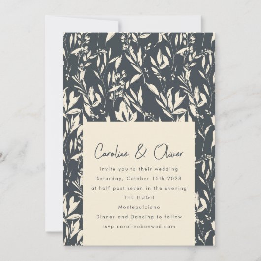 Boho Dark Moody Black Botanical Sketch Wedding Einladung (Vorderseite)