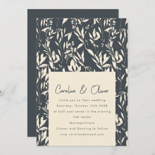 Boho Dark Moody Black Botanical Sketch Wedding Einladung (Vorne/Hinten)