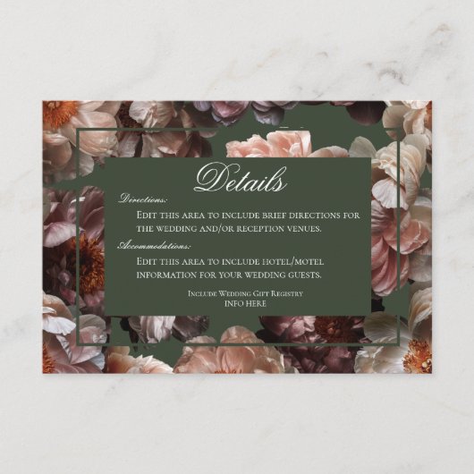 Boho Dark Peony Blume Modern Wedding Details Begleitkarte (Vorderseite)