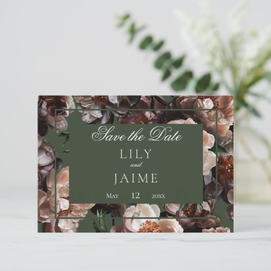 Boho Dark Peony Blume Moderne Hochzeit Save The Date (Stehend Vorderseite)