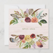 Boho, das | Burgunder und orange Blumen auf Holz Einladung (Rückseite)