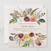 Boho, das | Burgunder und orange Blumen auf Holz Einladung (Vorderseite)