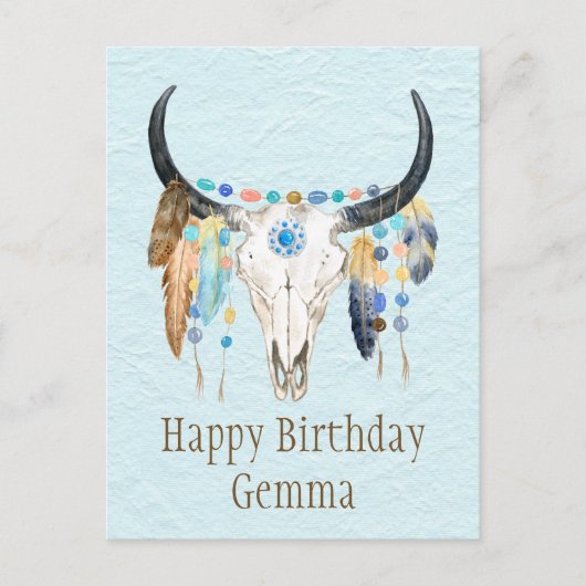 Boho Decorated Kuh Skull Birthday Postkarte (Vorderseite)