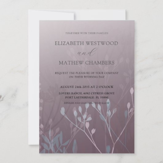 Boho Deep Lila Foliage Hochzeit Einladung (Vorderseite)