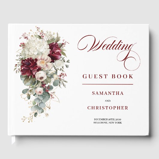 Boho Deep Red Blush Gold Blumenzettel Gästebuch (Vorderseite)