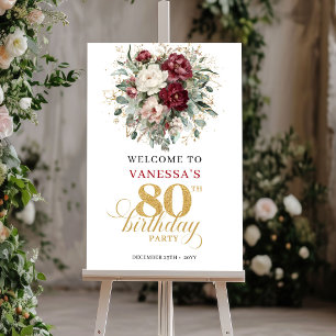 Boho Deep Red Floral 80. Geburtstags Willkommenspl Poster