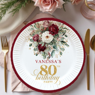 Boho Deep Red Floral 80. Geburtstagspapierplatten Pappteller