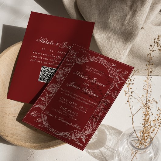 Boho Deep Red Floral QR Code Botanische Hochzeit Einladung