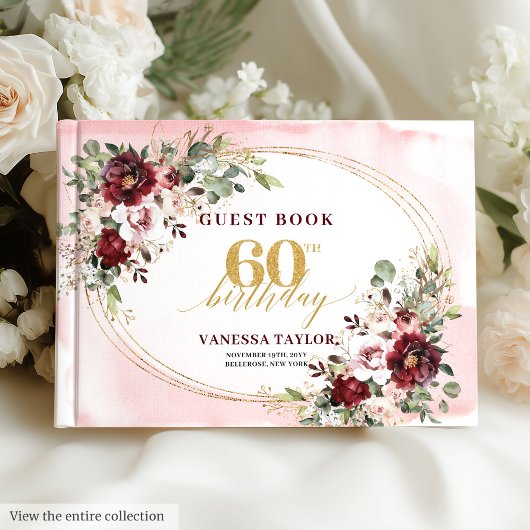 Boho Deep Red Gold Floral 60th Birthday Guest Book Gästebuch