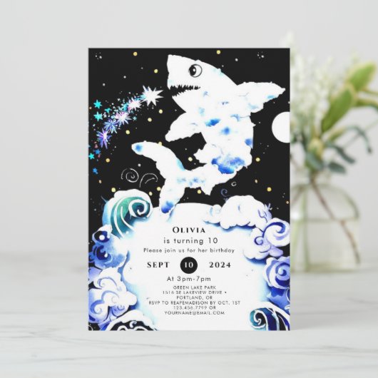 Boho Deepsea Editable Shark Birthday Einladung (Stehend Vorderseite)
