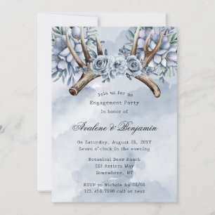 Boho Deer Antler Blue Floral Junggeselinnen-Abschi Einladung