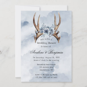 Boho Deer Antler Blue Floral Wedding Couple Dusche Einladung