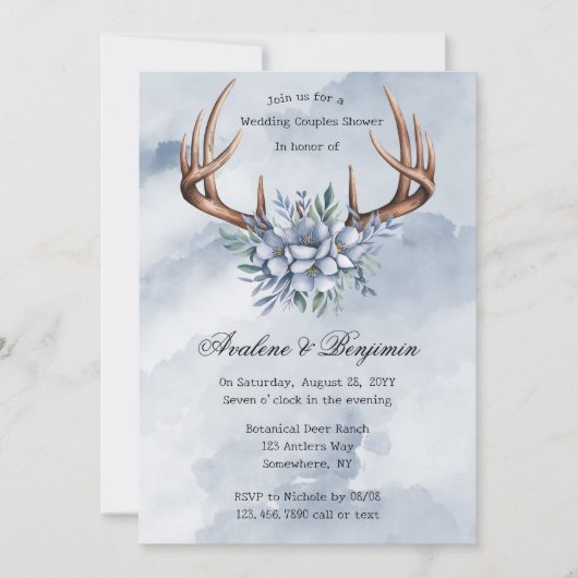 Boho Deer Antler Blue Floral Wedding Couple Dusche Einladung (Vorderseite)