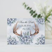 Boho Deer Antler Dusty Blue Floral Save The Date (Stehend Vorderseite)