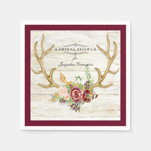 BOHO Deer Antler Fall Wasserfarbe Rose Blumenholz Serviette (Vorderseite)