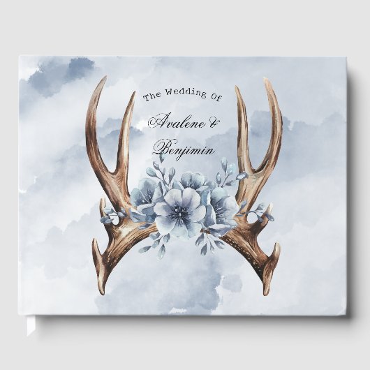 Boho Deer Antler mit Blue Florals Wedding Gästebuch (Vorderseite)