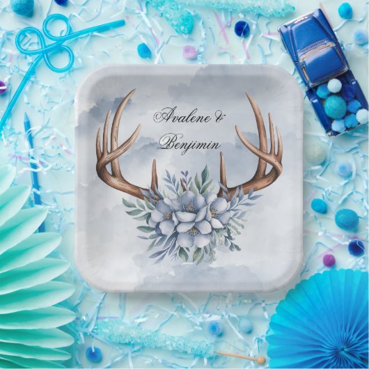 Boho Deer Antler mit Blue Florals Wedding Pappteller (Party)