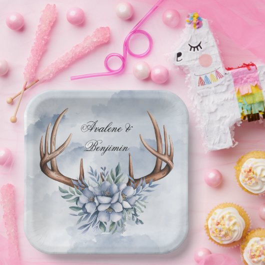 Boho Deer Antler mit Blue Florals Wedding Pappteller (Party)