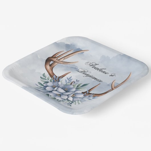 Boho Deer Antler mit Blue Florals Wedding Pappteller (Gewinkelt)