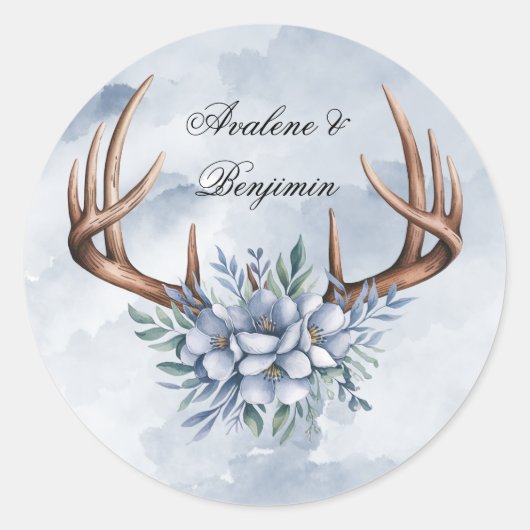 Boho Deer Antler mit Blue Florals Wedding Runder Aufkleber (Vorderseite)