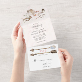 Boho Deer Antlers Arrow and Feathers Wedding All I In One Einladung
