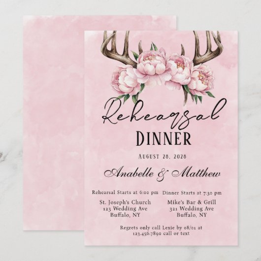 Boho Deer Antlers Pink Peonies Probe Dinner Einladung (Vorne/Hinten)