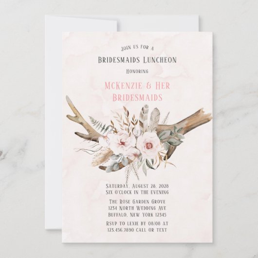Boho Deer Antlers und Florals Bridesmaids Luncheon Einladung (Vorderseite)