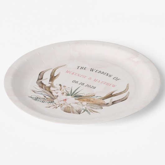 Boho Deer Antlers und Florals Wedding Paper Teller (Schrägansicht)