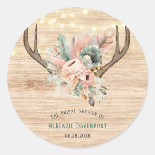 Boho Deer Antlers und Florals Wood Brautparty Runder Aufkleber
