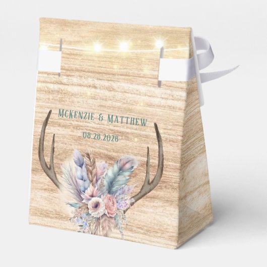Boho Deer Antlers und Florals Wood Wedding Geschenkschachtel (Rückseite)