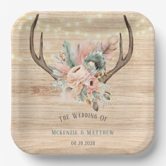 Boho Deer Antlers und Florals Wood Wedding Pappteller (Vorderseite)
