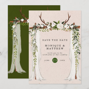Boho Deer Antlers White Canopy Save the Date Einladung