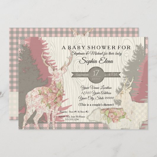 Boho Deer Bear Woodland Forest Kariert Baby Dusche Einladung (Vorne/Hinten)