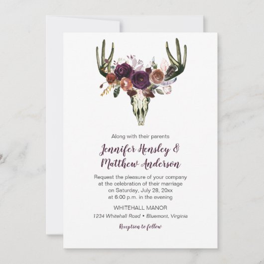 Boho Deer Skull Dark Lila Floral Bouquet Wedding Einladung (Vorderseite)