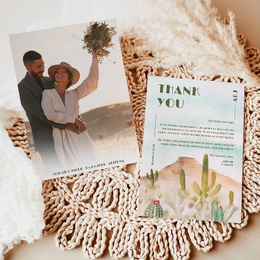 Boho Desert Cactus Arizona Hochzeit in Urlaubsort Dankeskarte