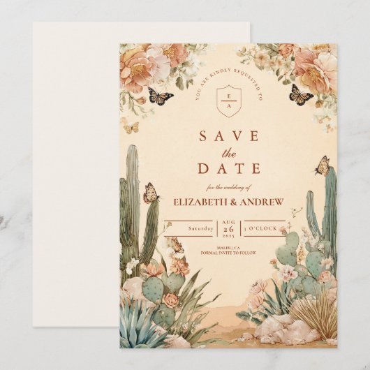 Boho Desert Cactus Floral Wedding Save The Date (Vorne/Hinten)
