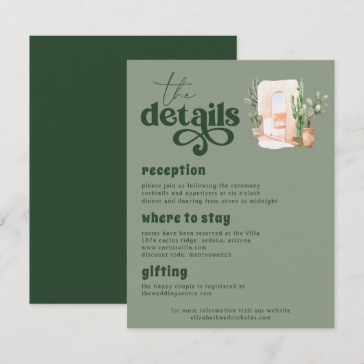 Boho Desert | Cactus Green Wedding Guest Details Begleitkarte (Vorne/Hinten)