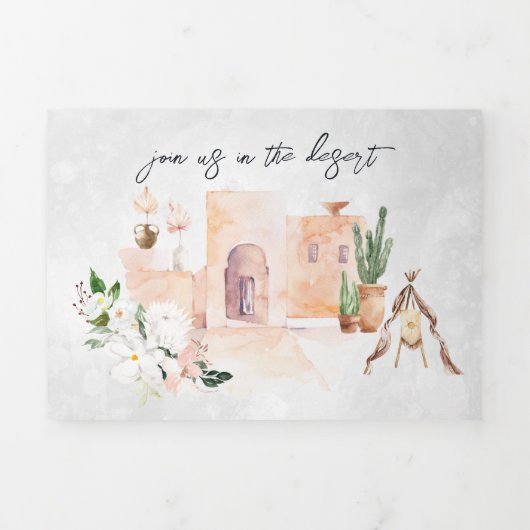 Boho Desert Cactus | Illustrierte Hochzeit Dreifach Gefaltete Einladung (Cover)