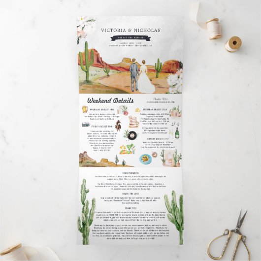 Boho Desert Cactus | Illustrierte Hochzeit Dreifach Gefaltete Einladung (Innenseite)